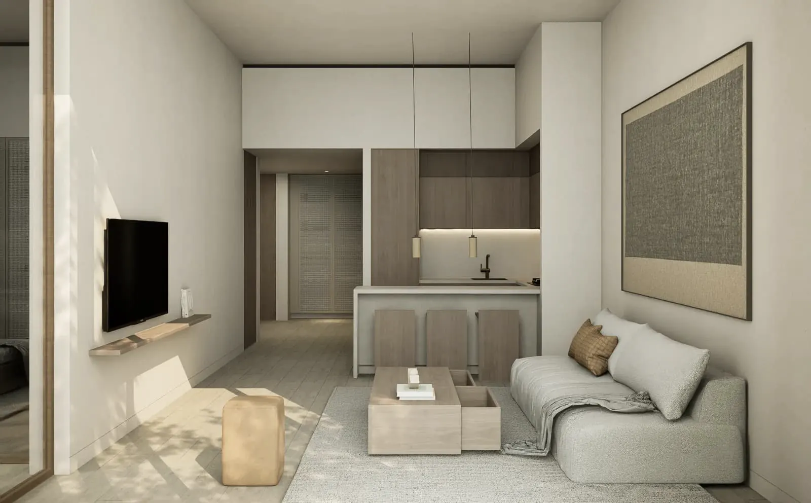Salon JAD 288 baigné de lumière naturelle avec matériaux nobles et mobilier clés en main