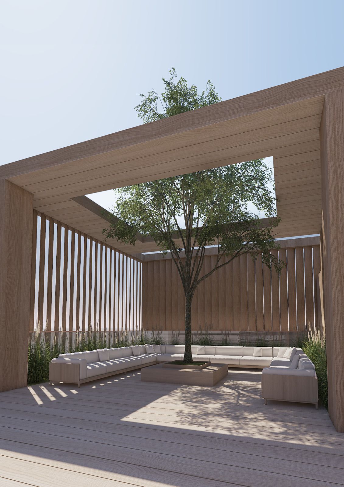 Gazebo paysager JAD 288 entouré de verdure et d'assises extérieures