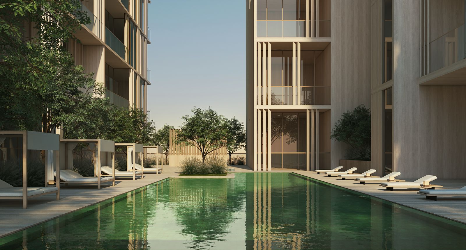 Piscine resort JAD 288 avec transats et terrasses paysagées