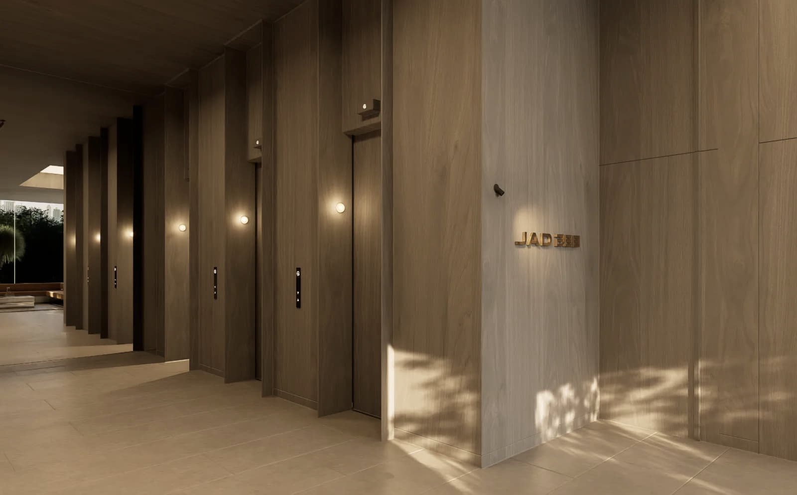 Hall JAD 288 avec boiseries chaleureuses et détails architecturaux soignés